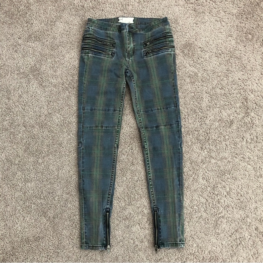 Free People Jeans Womens Size 25 Lennon Plaid Skinny Zipper Pockets Green Blue